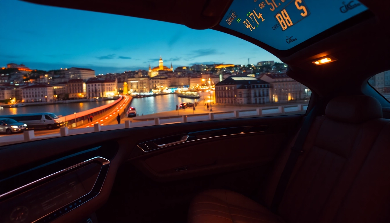 Experience a luxury hire chauffeur Lisbon in an elegant limousine against the vibrant city skyline.