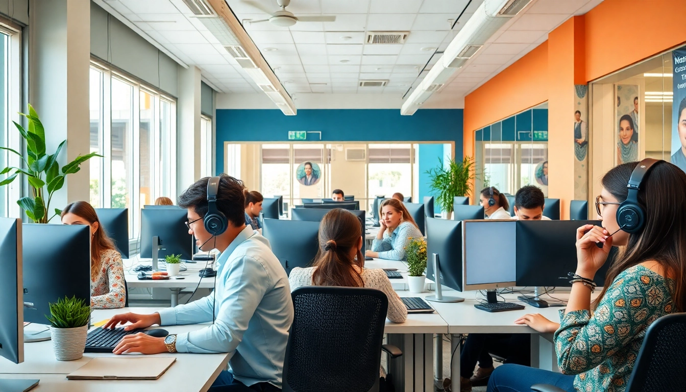 Engaged Tijuana call centers agents collaborating in a bright, modern office.