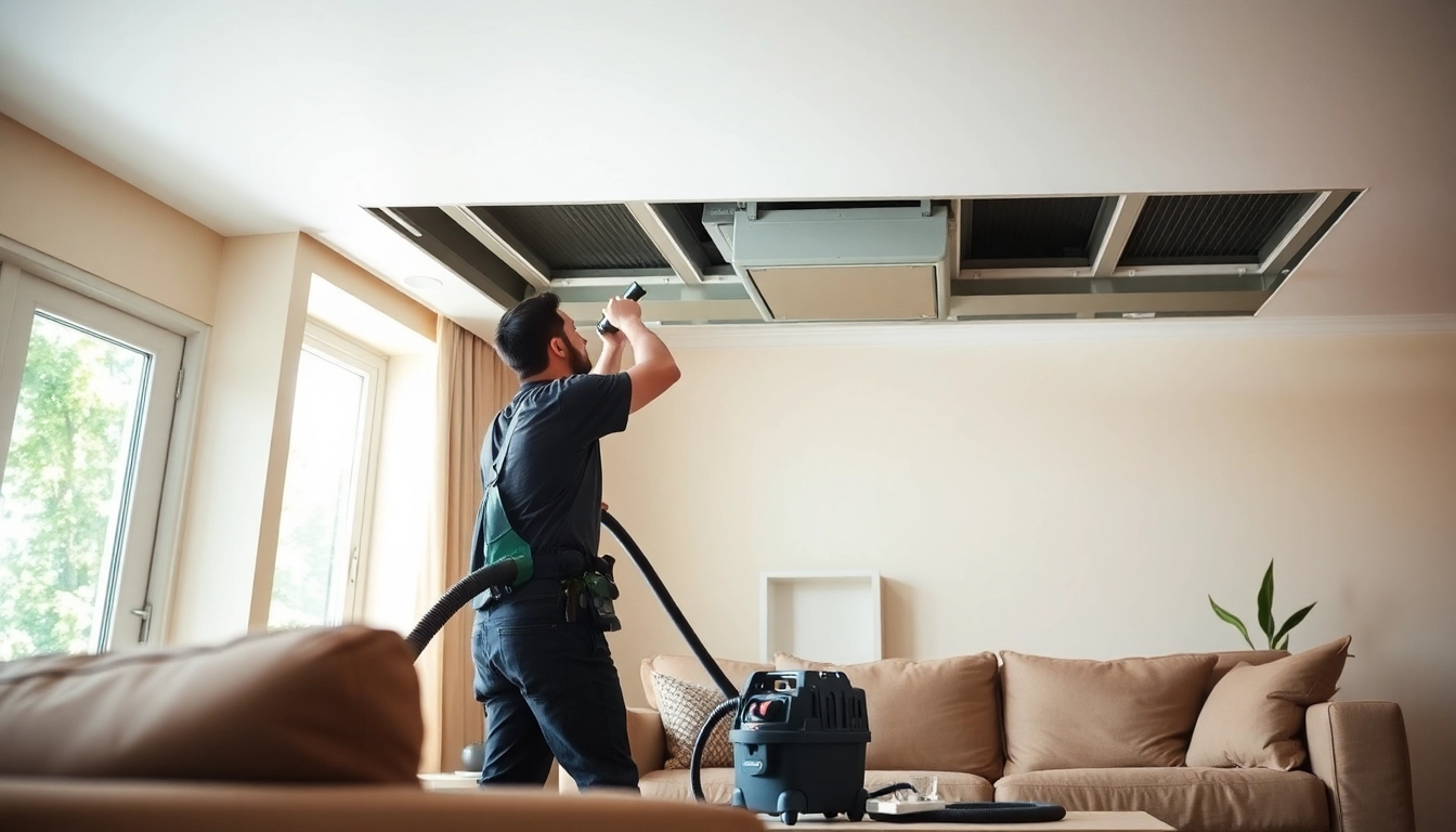 Air duct cleaning service in Salt Lake City, highlighting a technician cleaning ducts in a modern home.