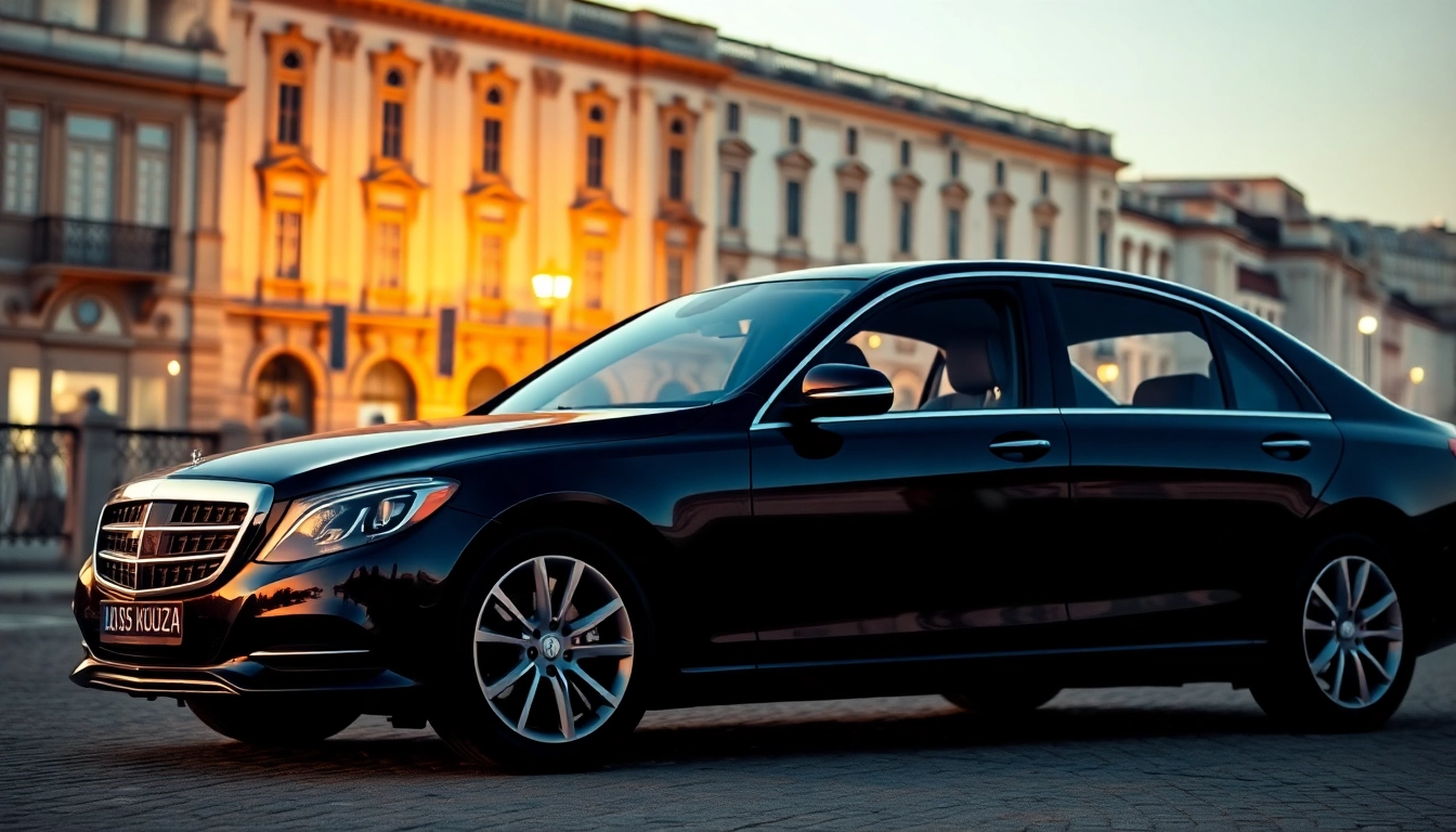 Experience luxury hire chauffeur Lisbon with an elegant black car showcasing sophistication against a vibrant Lisbon backdrop.