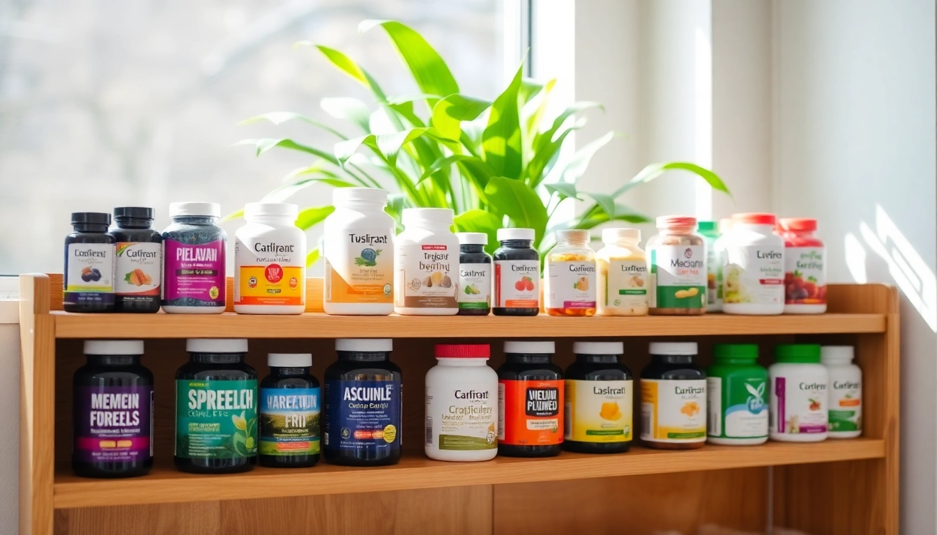 Showcase of dietary supplements on a wooden shelf with greenery, showcasing wellness and health benefits.