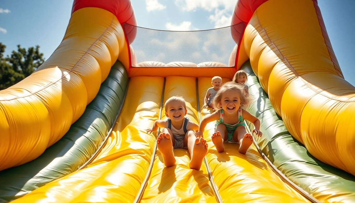 Exciting slide rental for kids at an outdoor event, featuring colorful inflatables and happy children.