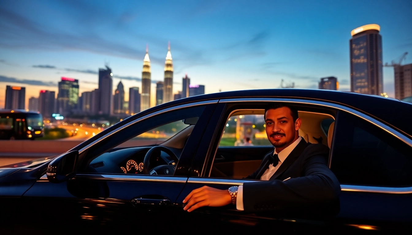 Enjoy a professional chauffeur hire Kuala Lumpur service with a luxury vehicle against a city skyline.