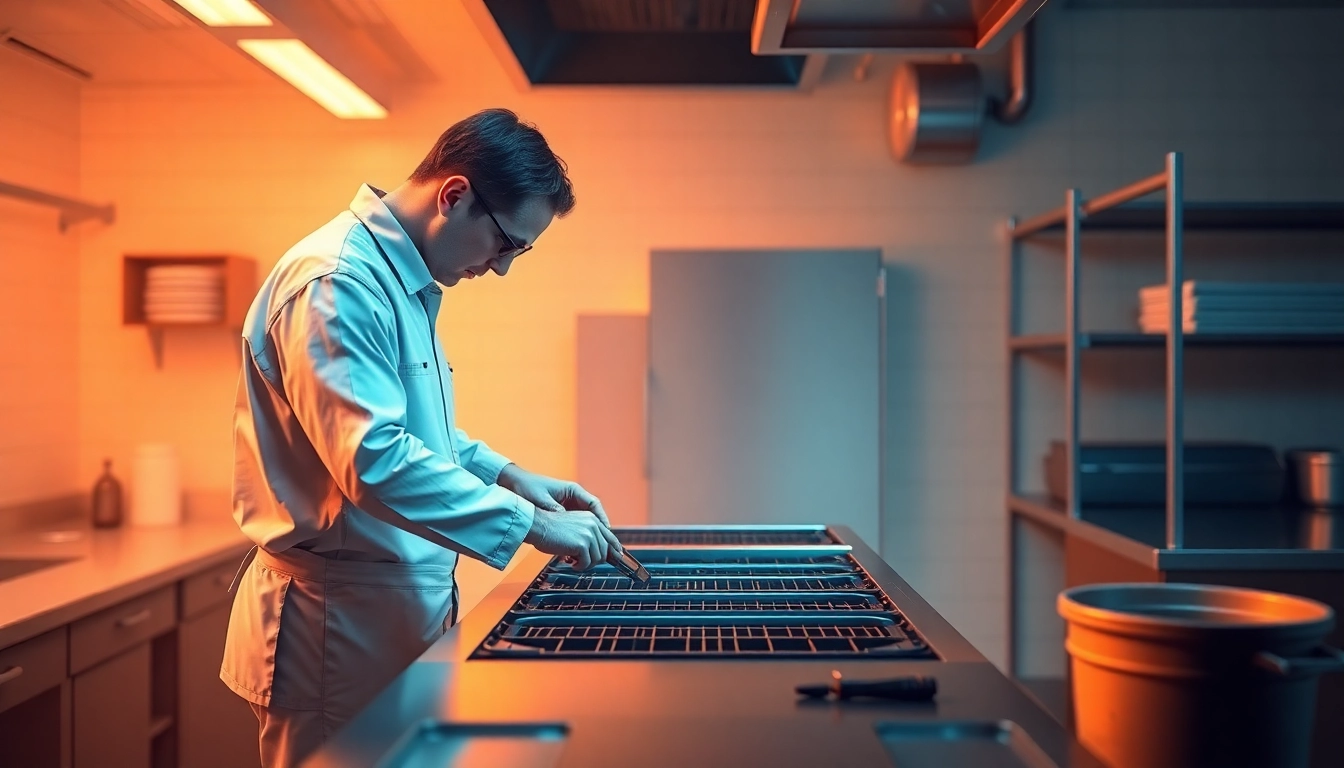 Technician performing prep table repair, showcasing tools and workspace intricacies in a commercial kitchen.