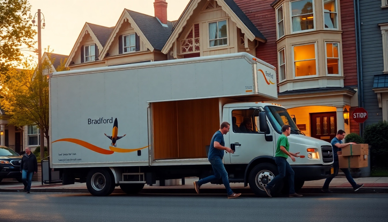 Efficient Bradford removal service in action, with professional movers handling boxes outside a lovely home.