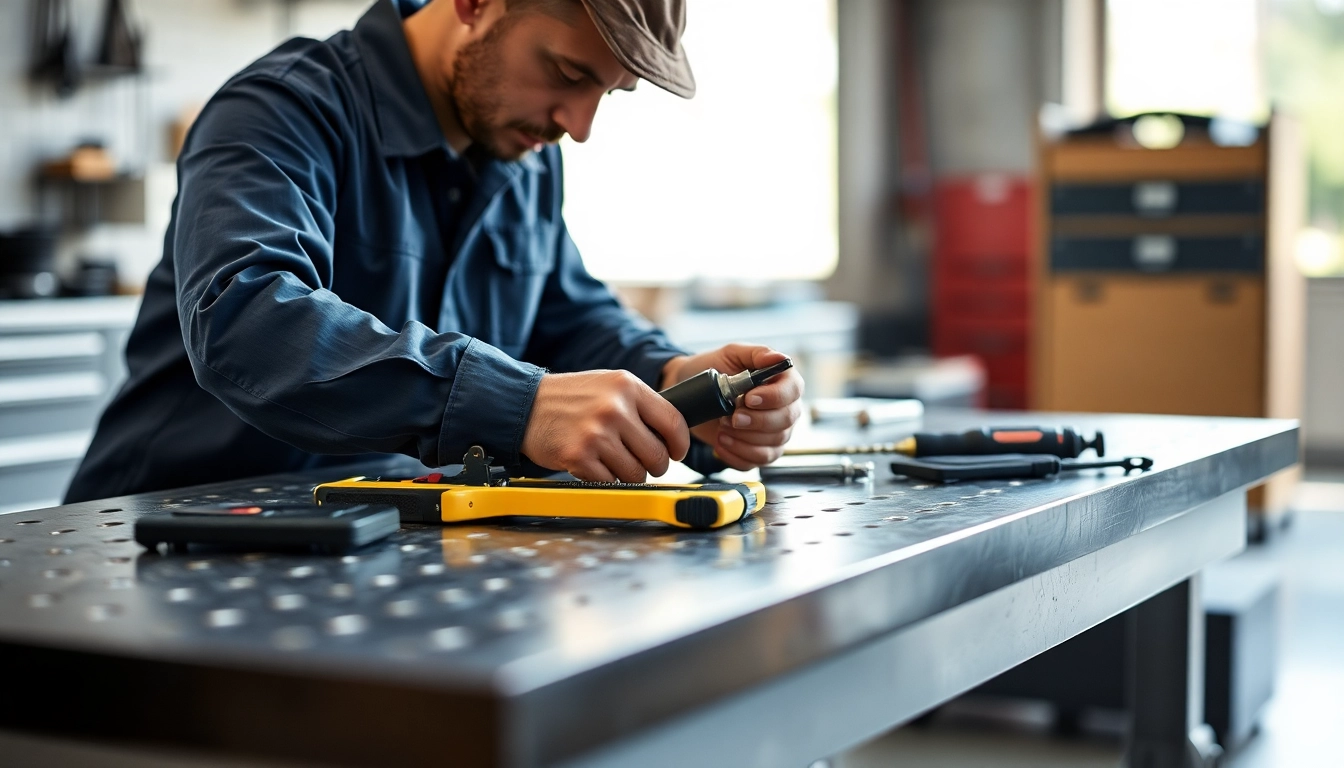 Repair technician performing prep table repair by adjusting mechanical components and ensuring proper function.