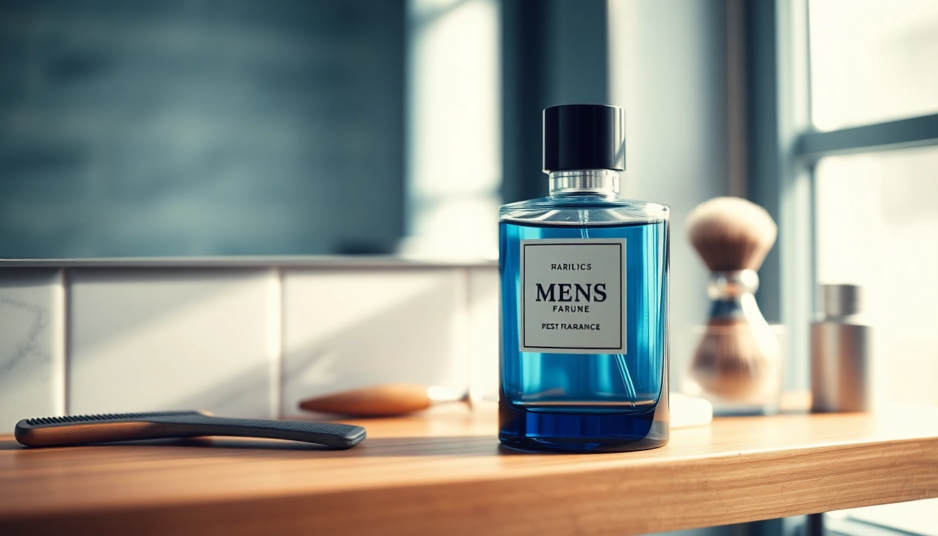 A men's fragrance bottle elegantly placed among grooming essentials, highlighting sophistication and style.