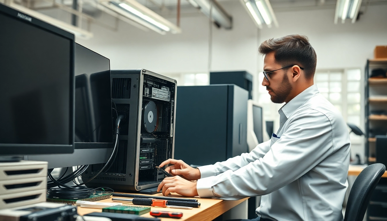 Riparazione pc torino con un tecnico esperto mentre ripara un computer in un'officina moderna.
