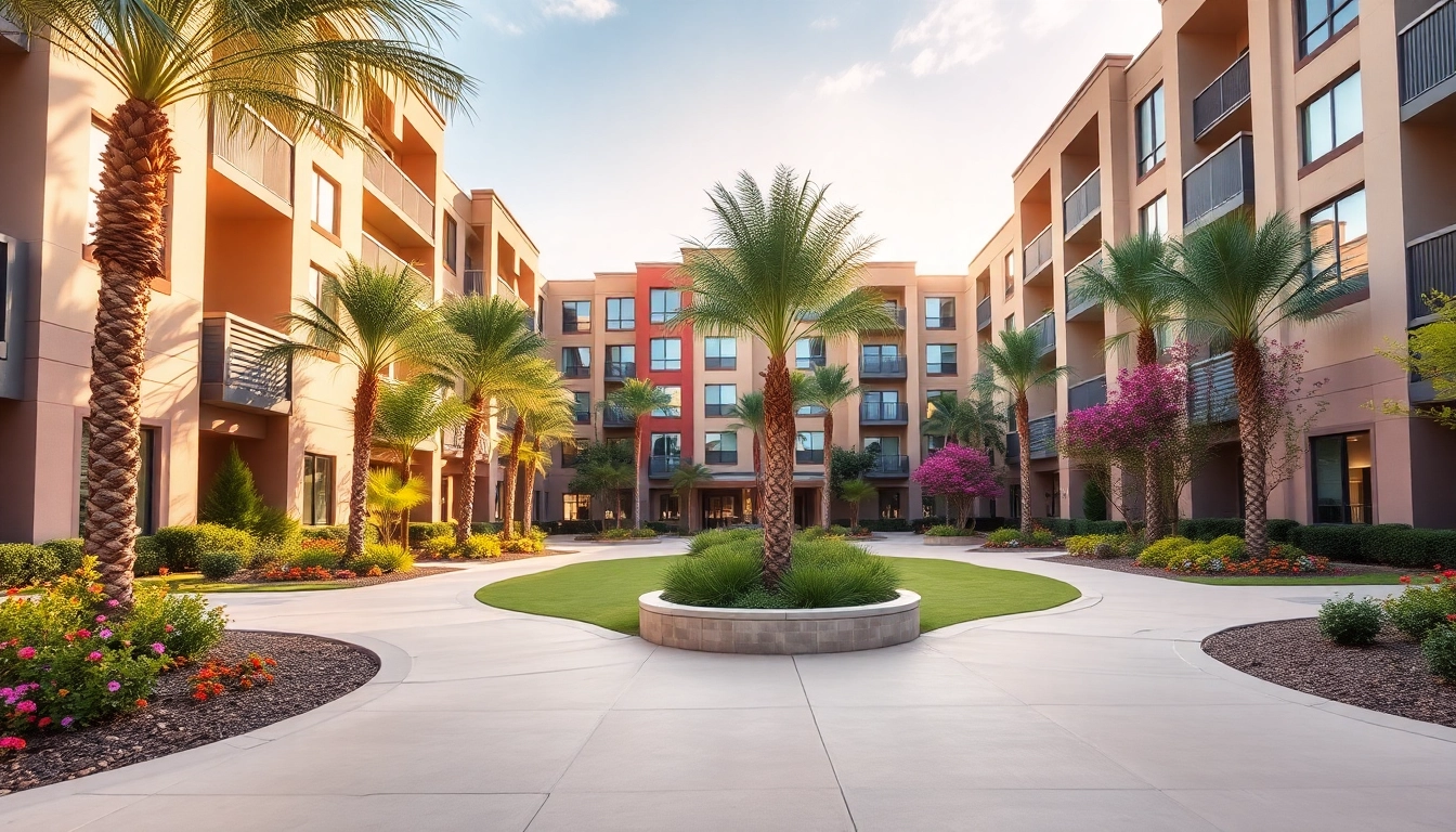 View of modern apartments for rent in Glendale AZ with lush landscaping and vibrant community atmosphere.