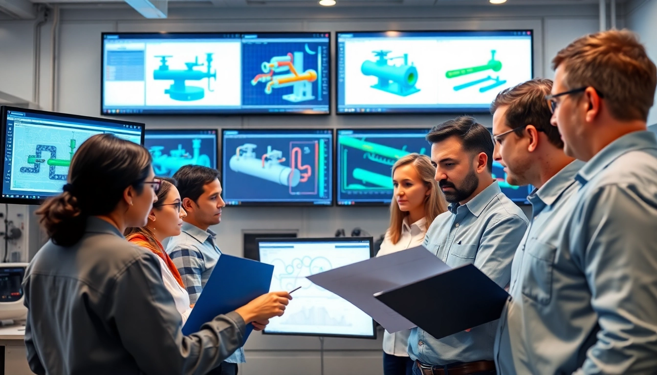 Piping stress Analysis Company team analyzing engineering solutions in a modern lab.