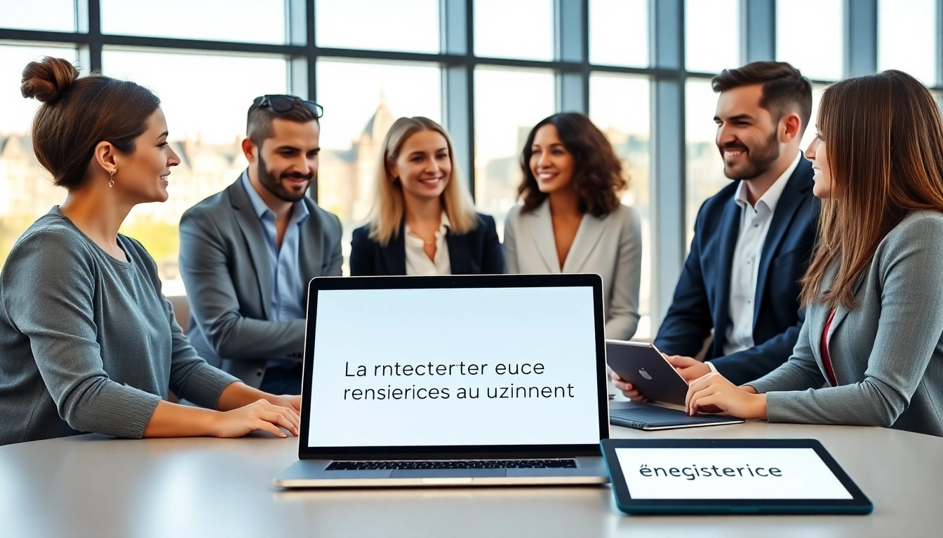 Enregistrer une société au Luxembourg dans un bureau moderne avec des entrepreneurs collaborant.