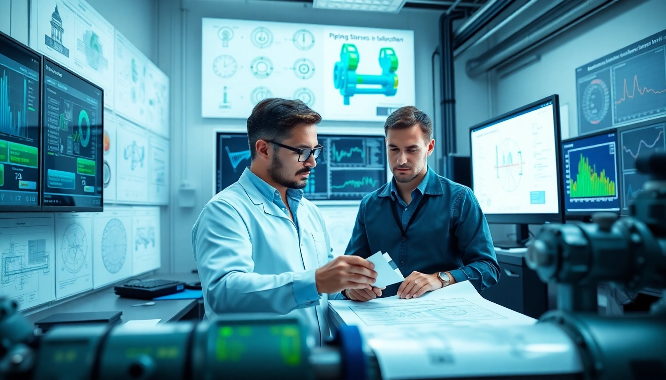 Piping stress analysis company team working in a modern lab with technical equipment.