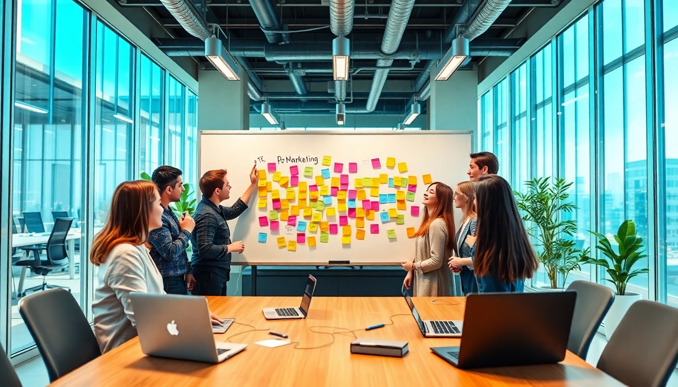 A dynamic social media agency brainstorming session with diverse team members collaborating on strategies.