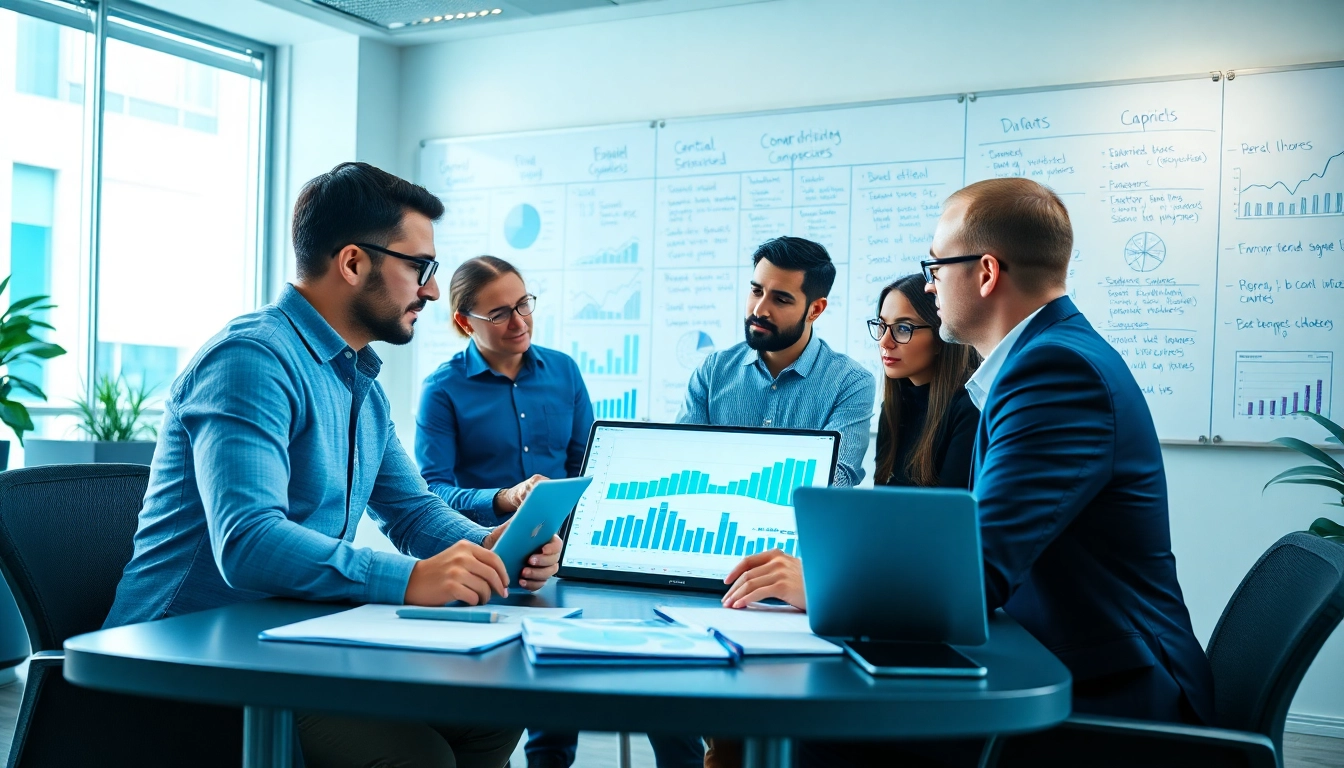 Engaged professionals conducting a detailed competitor analysis with collaborative tools and charts.