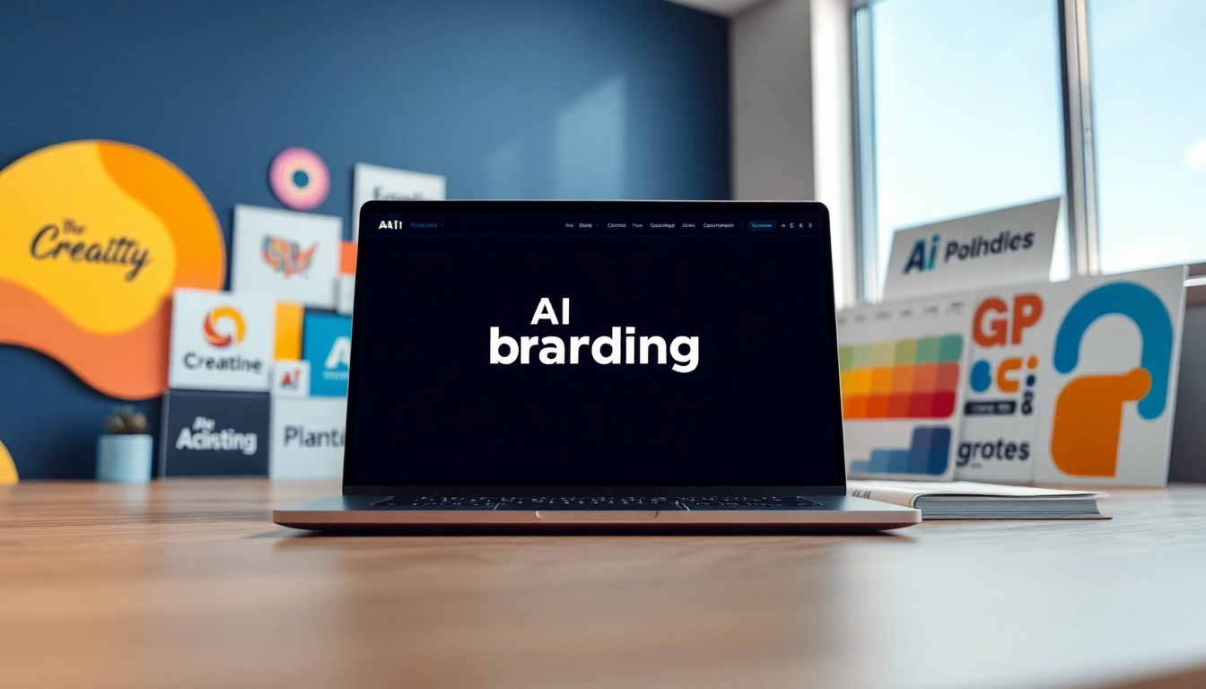 Showcase of AI-powered branding services in a creative workspace featuring laptops and branding materials.