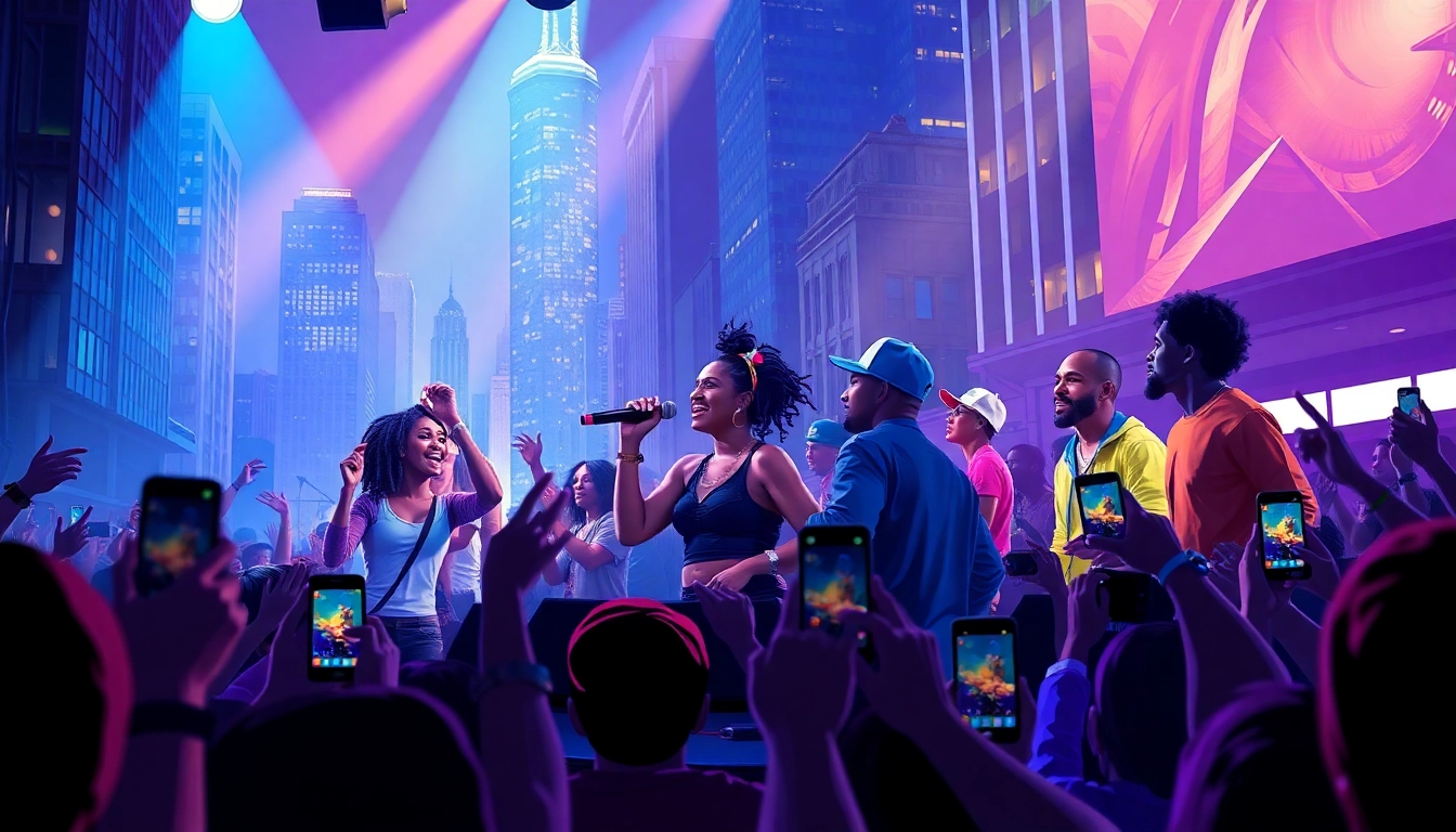 Energetic gathering of Chicago hip-hop artists engaging with a lively audience in downtown Chicago.