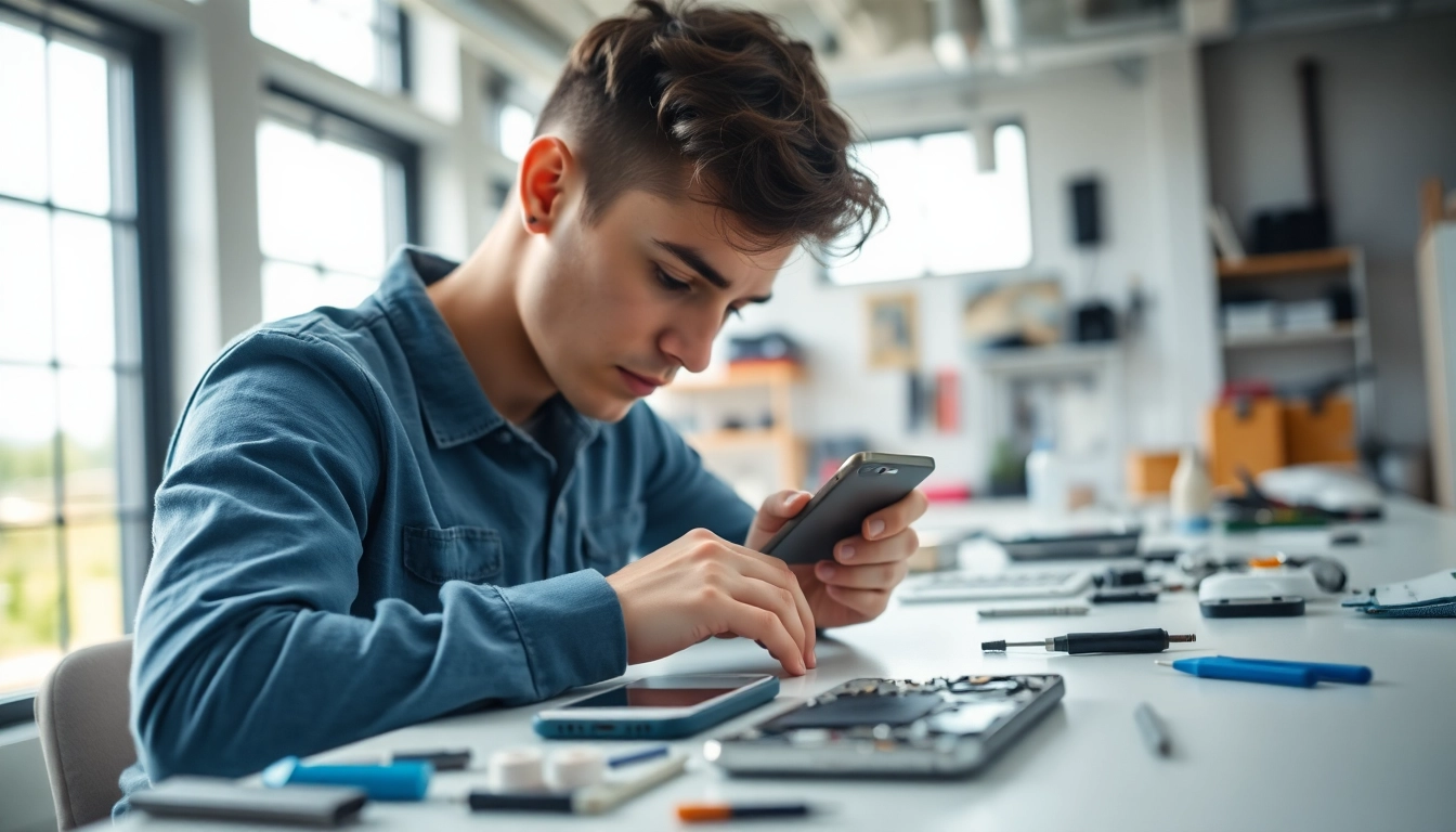 Riparazione iPhone torino con un tecnico che lavora su uno smartphone in un ambiente professionale.