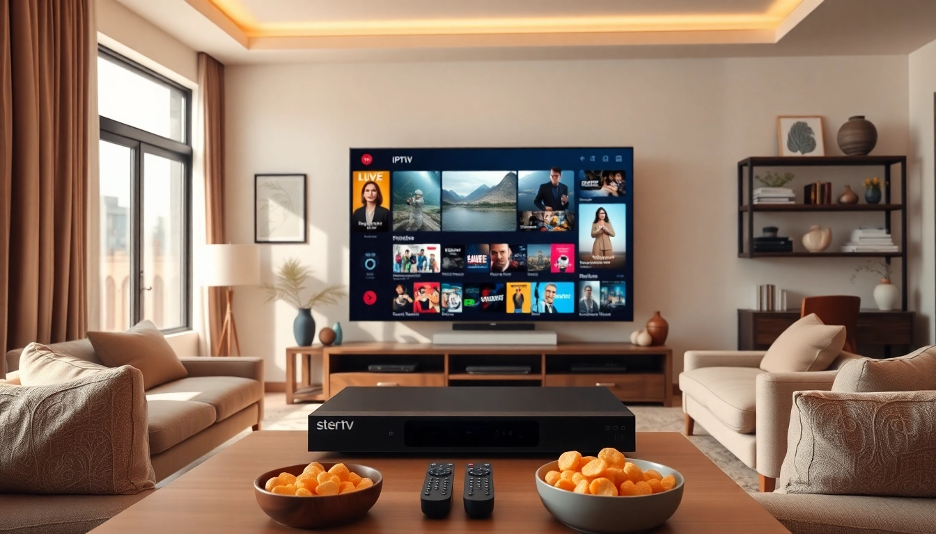 Engaging IPTV services displayed in a modern living room setting with a vibrant streaming setup.