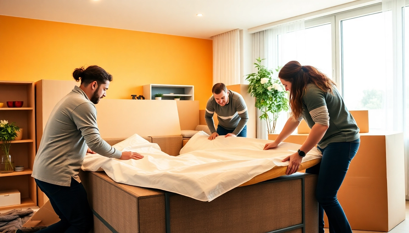 Moving team from Umzugsfirma Erlangen efficiently packing valuable furniture in a bright room.