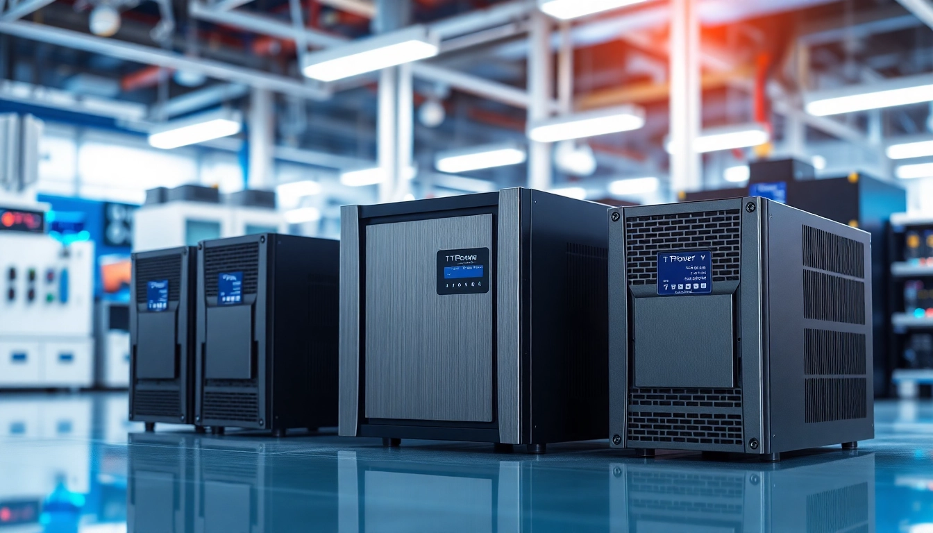 Showcase TPower power supplies in a high-tech industrial setting with sleek designs.