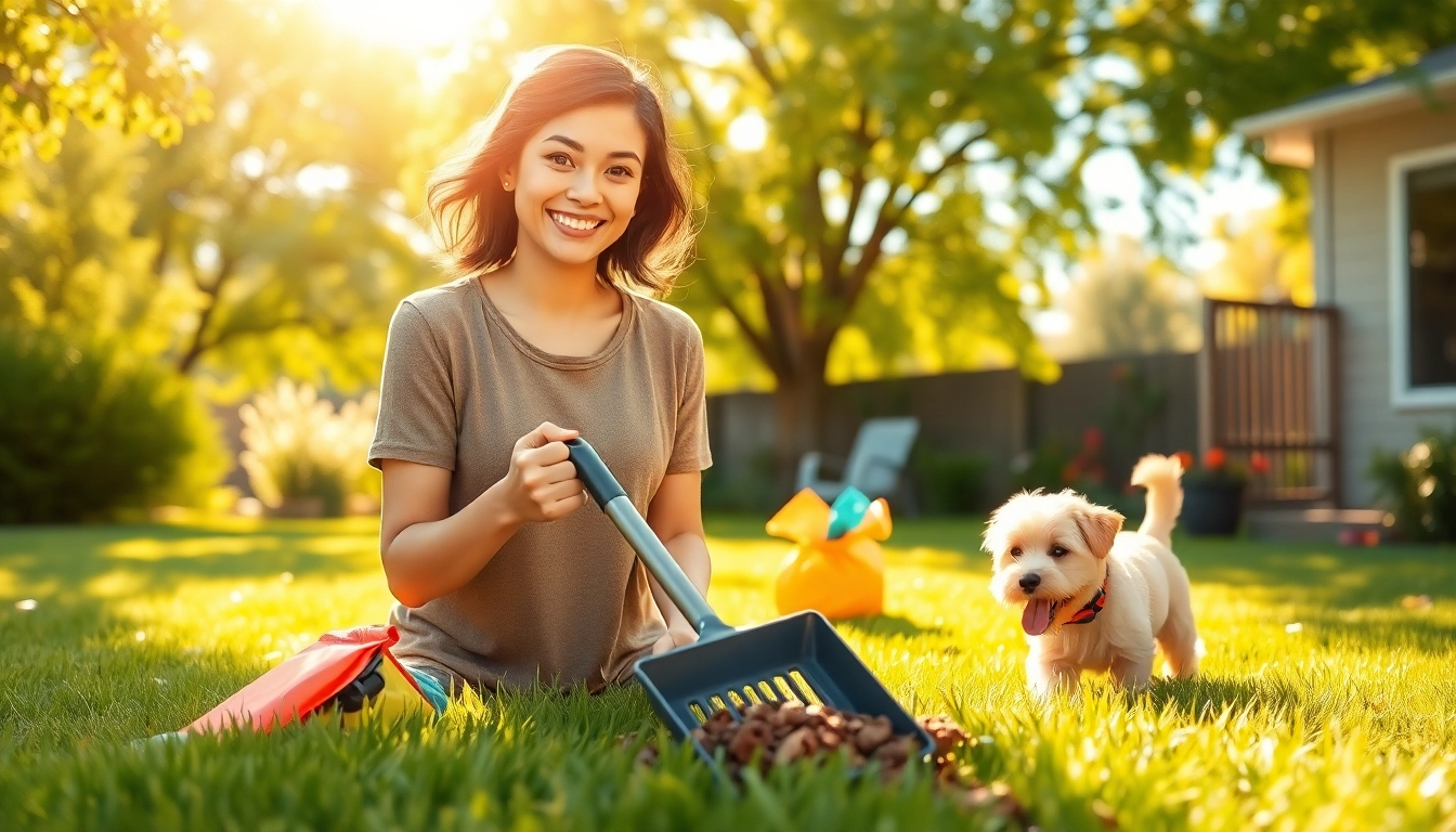 Dog owner demonstrates how to clean up dog poop with a scoop in a sunny backyard setting.