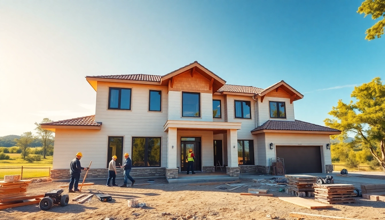 Custom home builders near me creating a beautiful house in a vibrant suburban setting.