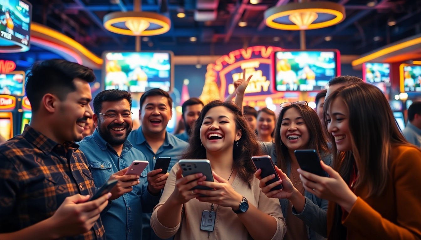 Engaged users enjoying the 77bet mobile app in a lively casino atmosphere, showcasing excitement.