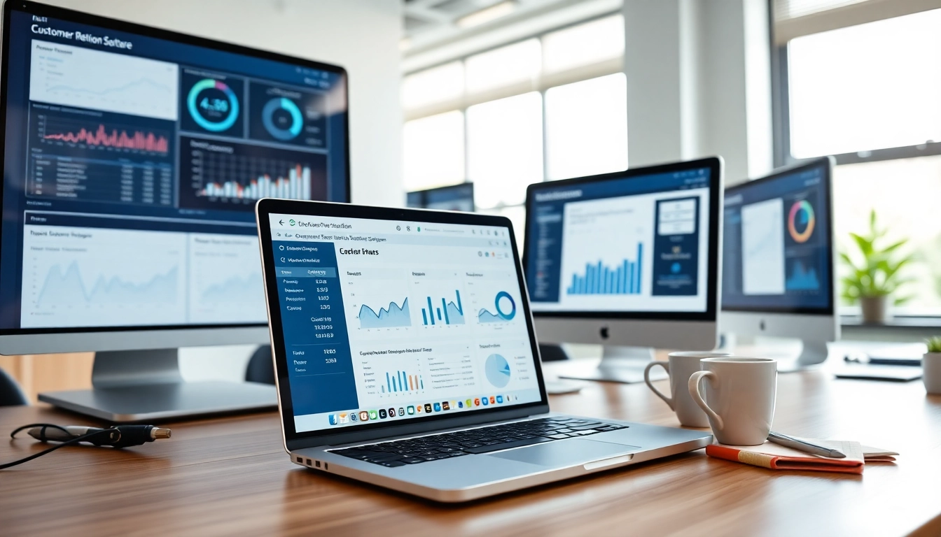 Analyze customer data with innovative Customer Retention Software dashboards in a modern office.