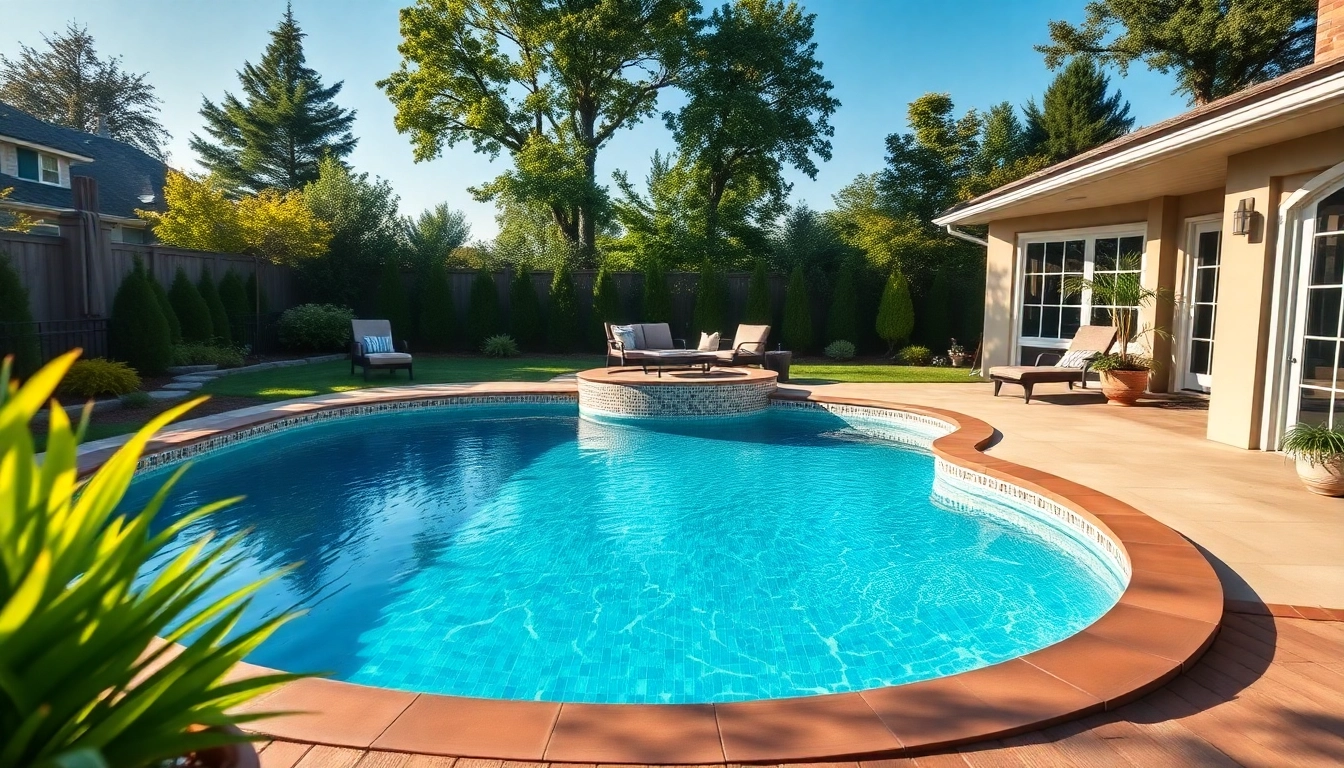 Capture of a swimming pool installation in a lush backyard, showcasing custom features and vibrant surroundings.