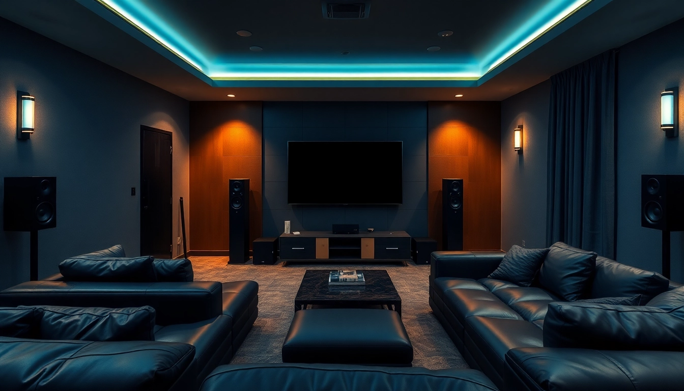 Enhance your home theater installation near me with a professional setup showcasing speakers and ambient lighting.