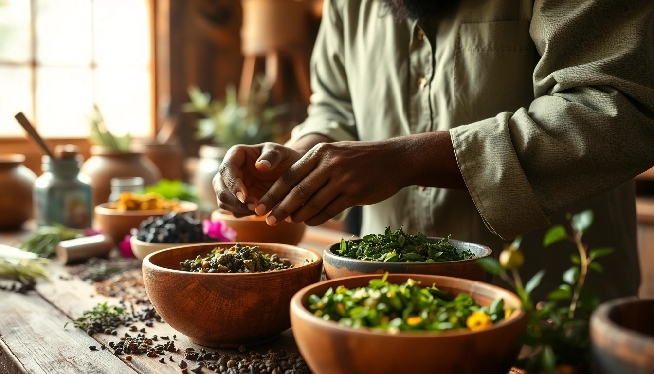 Mixing traditional louban dakar herbs in a serene herbalist workshop.