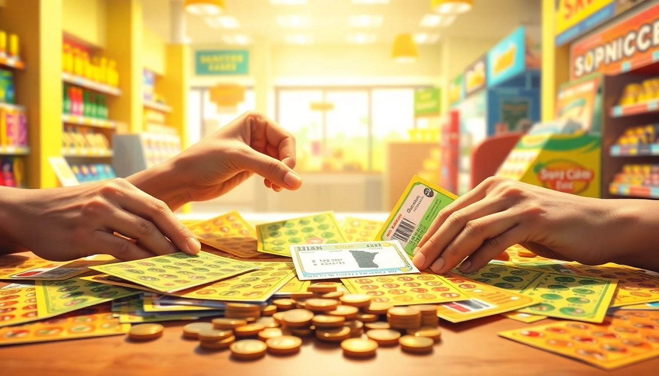 Engaging scene of a mn lottery scratch game with scratch cards and thrilled players.