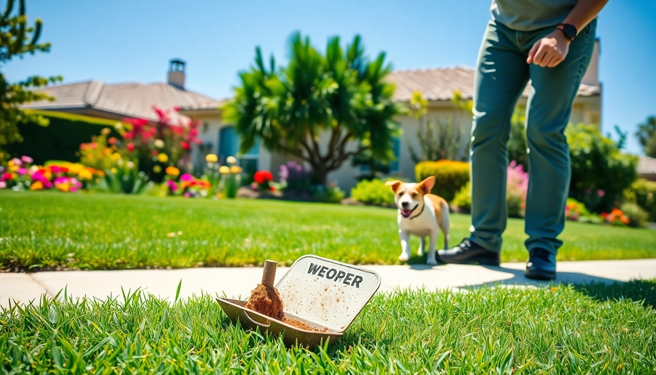 Efficient alamo ranch poop scooper cleaning a yard while a happy dog plays nearby.