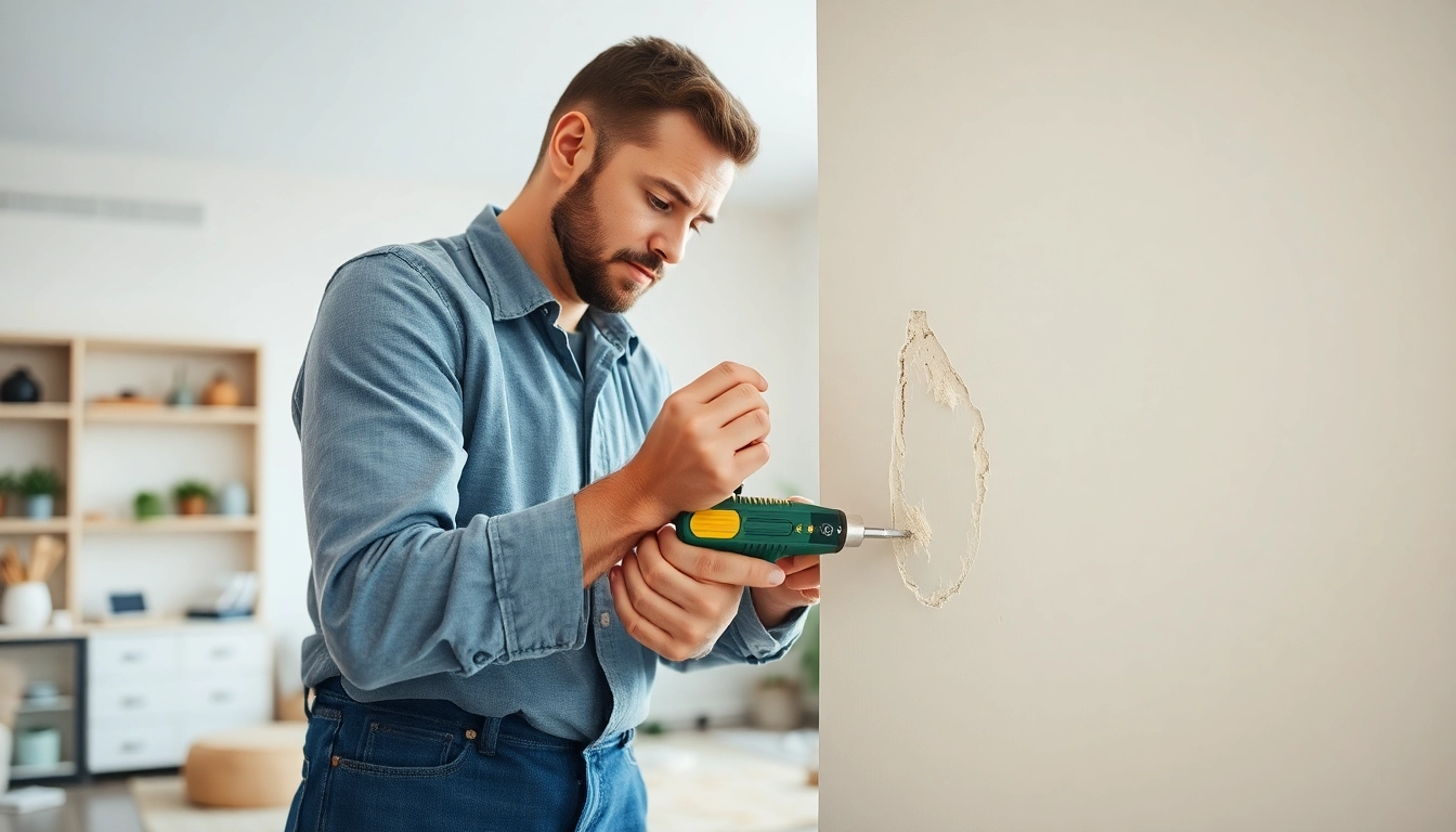 Skilled drywall repair services in Madison, WI, showcasing a technician expertly fixing a wall.