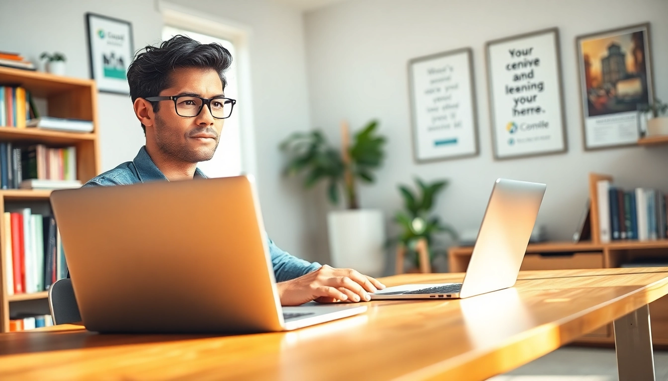 Buy distance learning masters degree while studying at a modern desk in a bright home office.