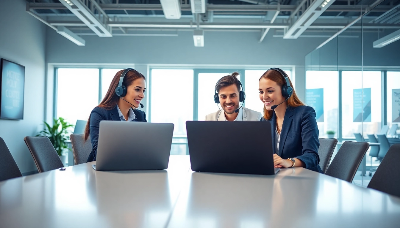 Call center services agents collaborating effectively in a modern workplace with bright lighting.