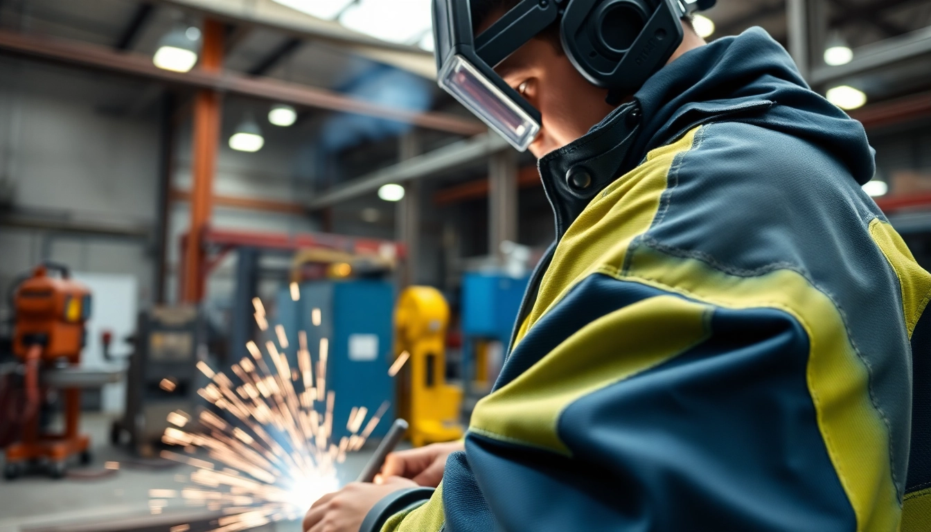 Welder wearing a flame-resistant welding jacket, demonstrating safety and protection in a workshop.