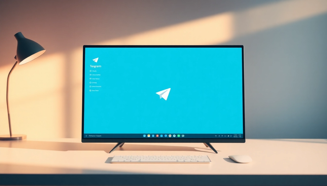 Show Telegram電腦版 on a desktop screen in a stylish modern workspace.