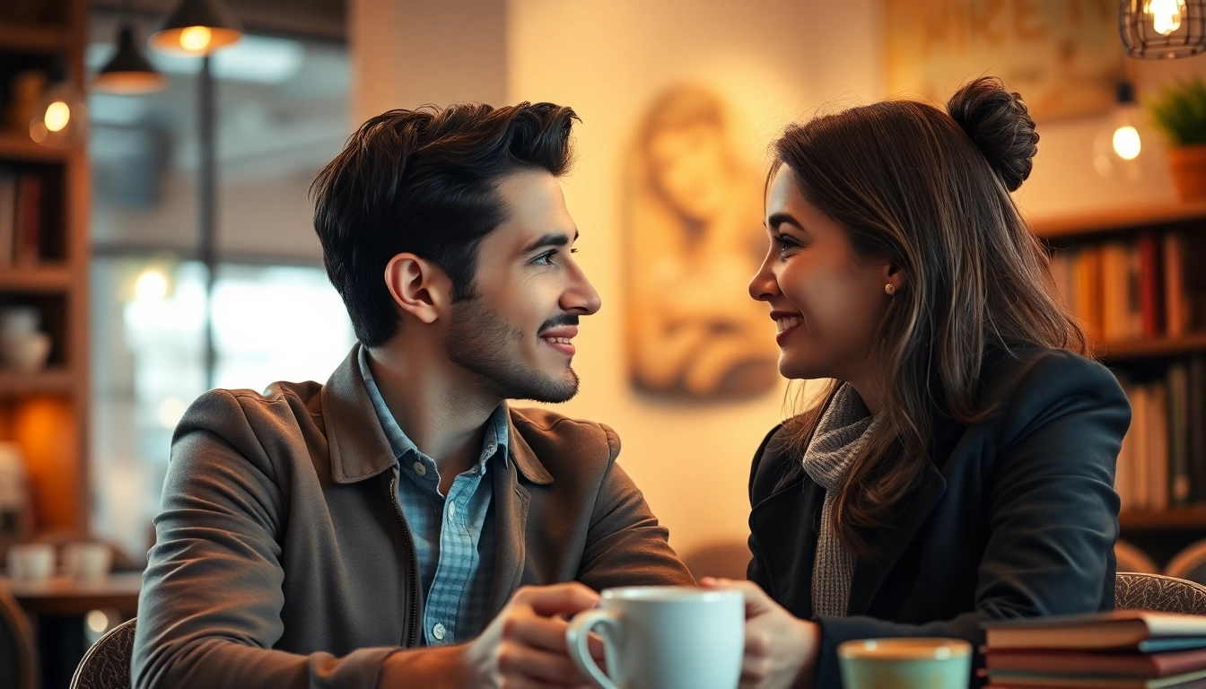 A couple demonstrating effective communication in relationships at a cozy café.