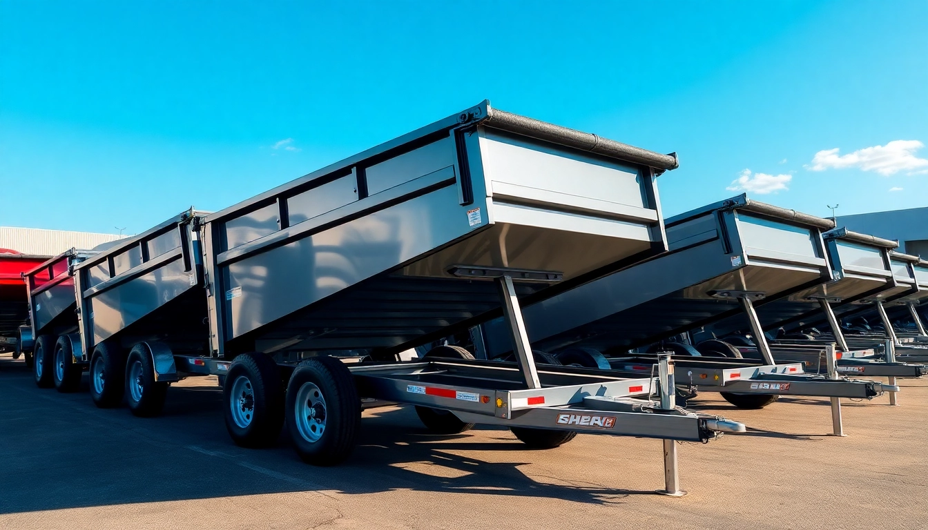 Find your ideal dump trailer for sale near me at a vibrant dealership showcasing various models.