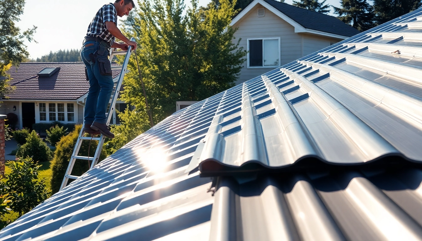 Showcase of residential metal roofing installation with a skilled roofer and bright daylight.