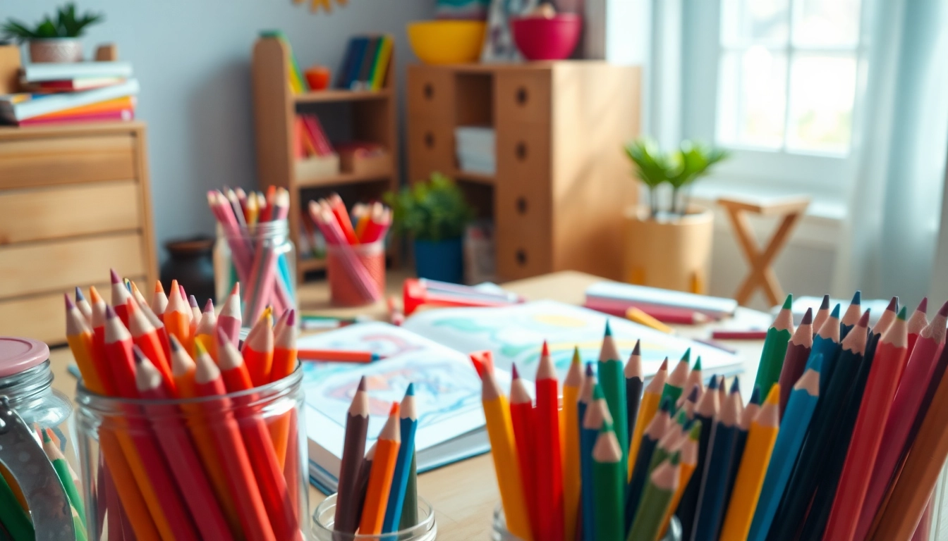 Kids colouring pencils artistically displayed in a bright, inviting art studio.