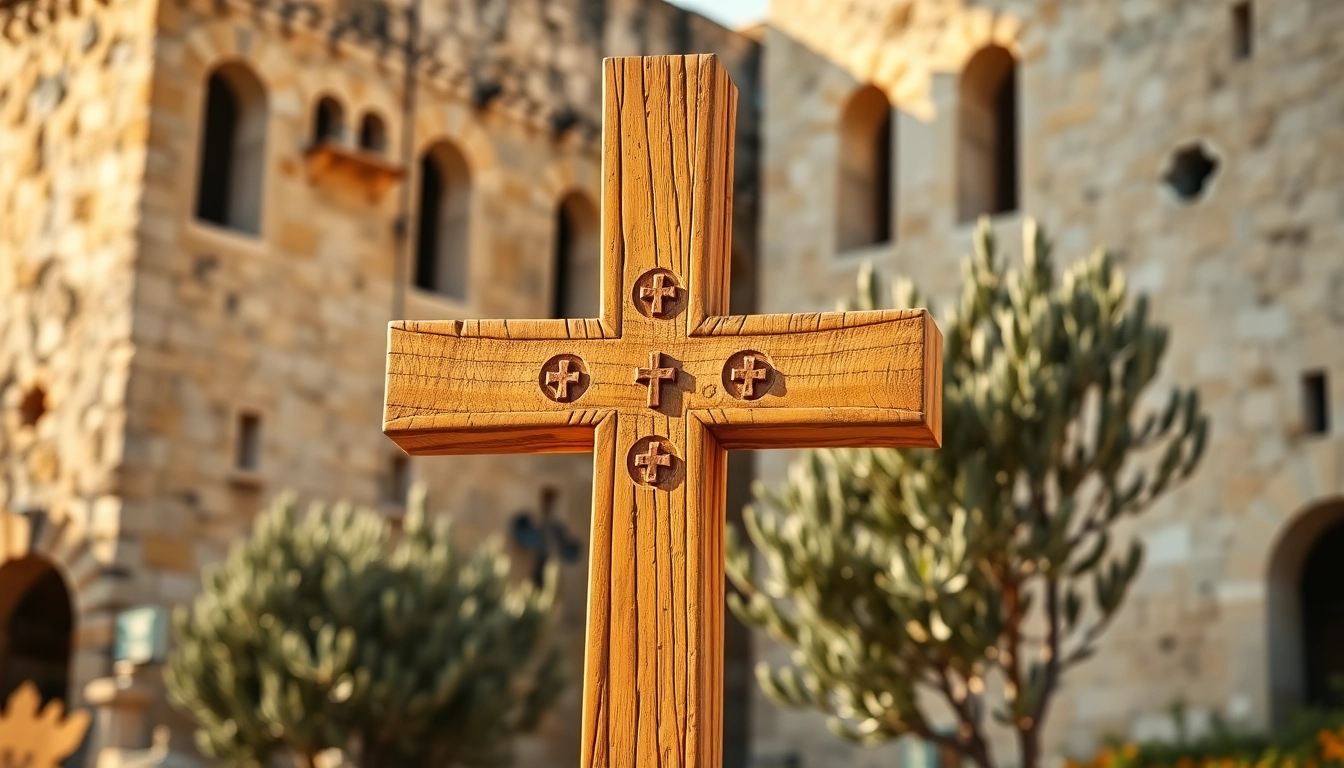 Showcasing beautifully crafted Jerusalem crosses surrounded by ancient architecture, highlighting their spiritual significance.