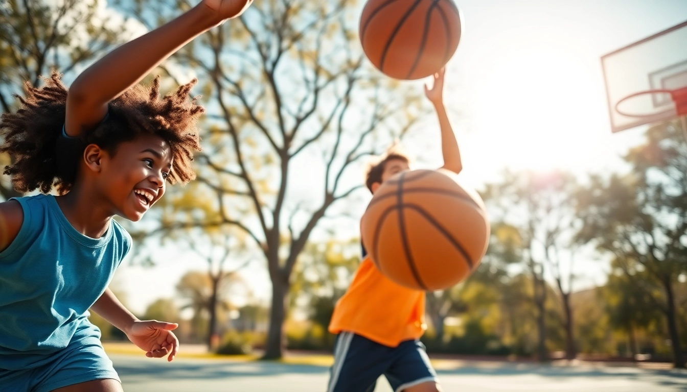 Young basketball enthusiasts playing passionately in a sunny park setting, showcasing their skills.