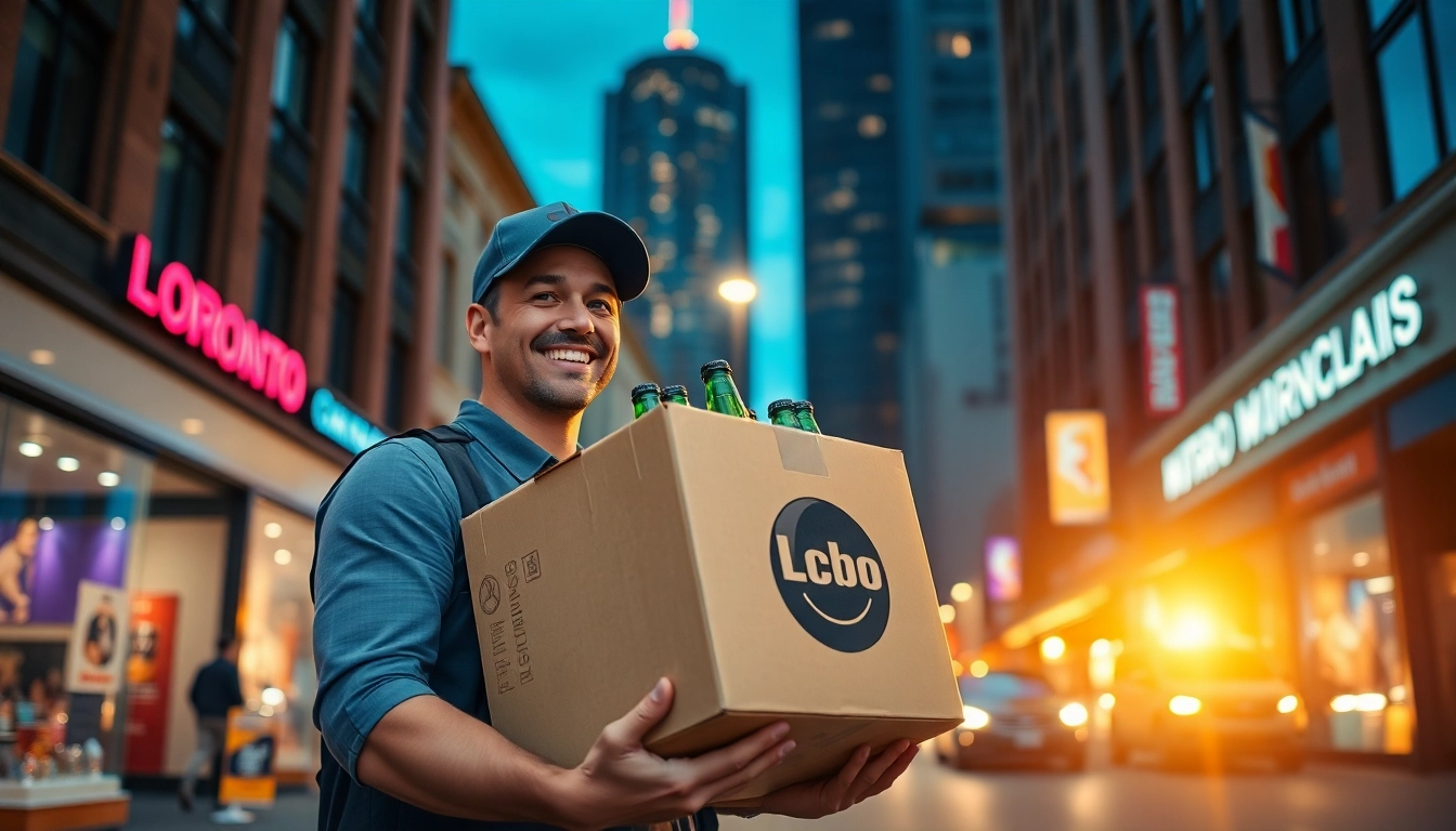 Delivering LCBO products in Toronto, showcasing prompt delivery service with vibrant local backdrop.