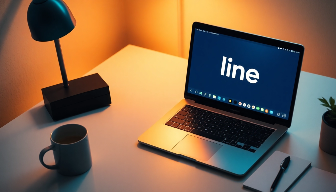 Download the 電腦版line下載 interface on a stylish laptop amidst a tidy workspace.