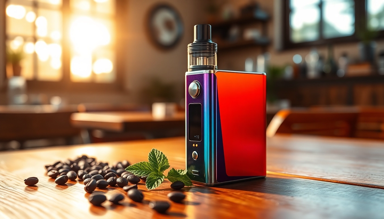 Caffeine vape device showcased with coffee beans and mint leaves in a cozy café setting.