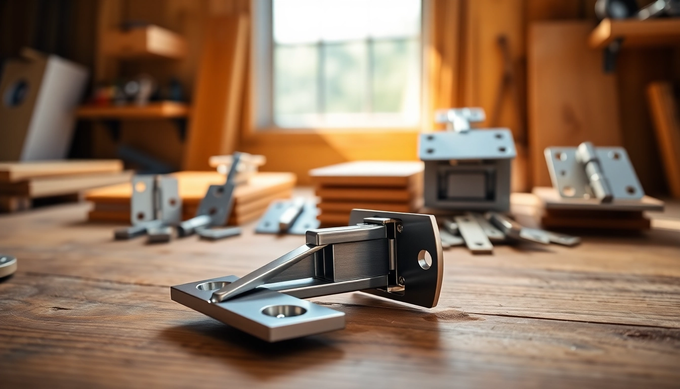 Explore the precision of Cabinet Hinge Manufacturers with high-quality hinges displayed on a wooden workbench.
