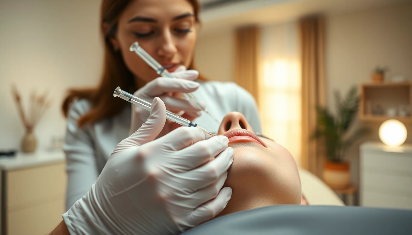 Administering juvederm lip filler in a serene clinic with expert precision and care.