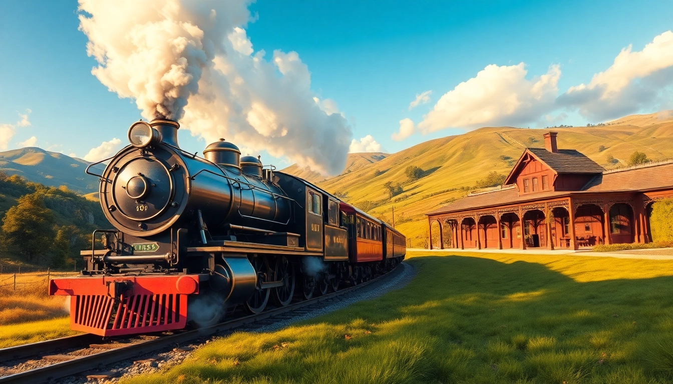 Experience railroad tycoon free download with a vintage steam train traveling through a scenic landscape.